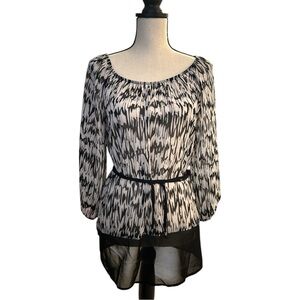 AB Studio Black & Ivory Abstract Sheer Hem Blouse